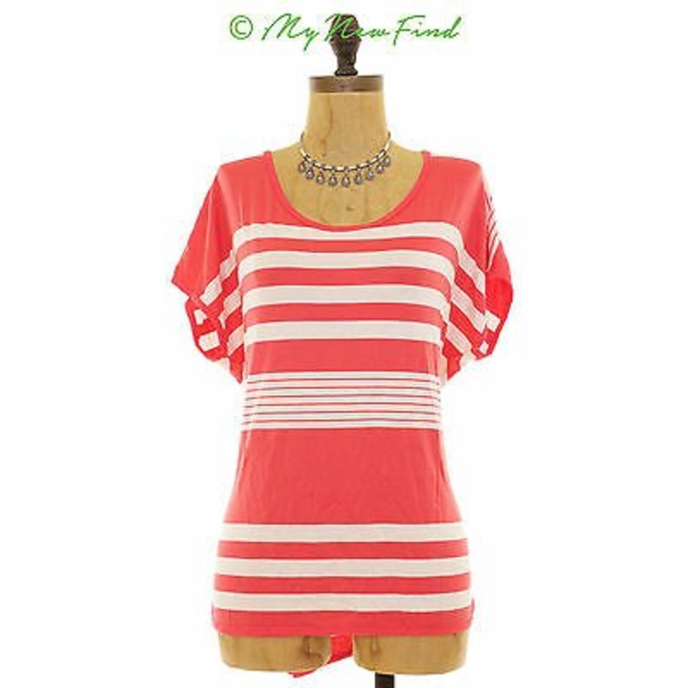 Gibson Button Back Top Size M Short Dolman Sleeve Orange White Striped NWD B44